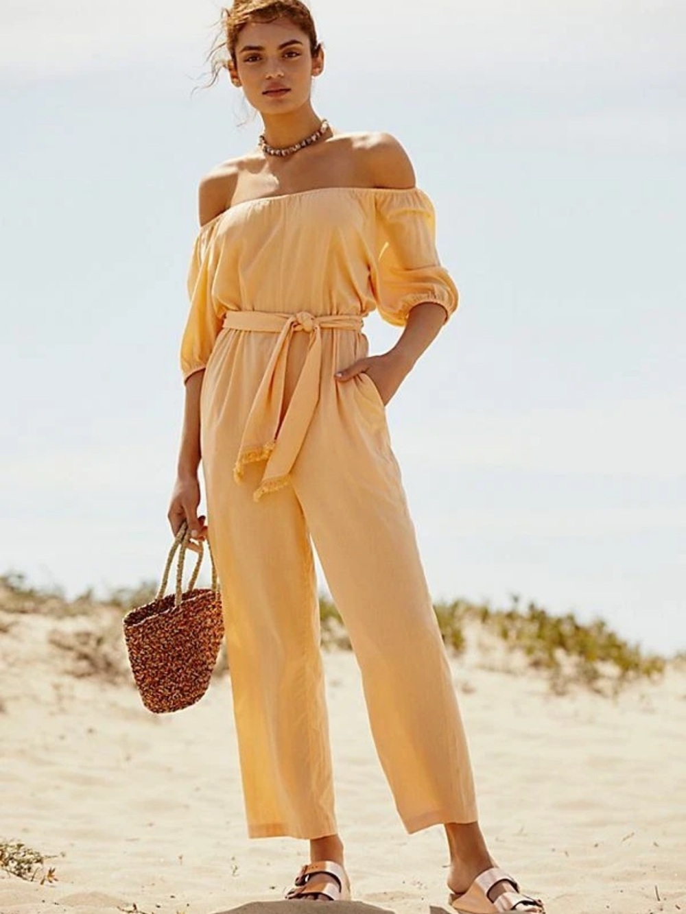 Free People Peach Off-Shoulder Tie-Waist Jumpsuit